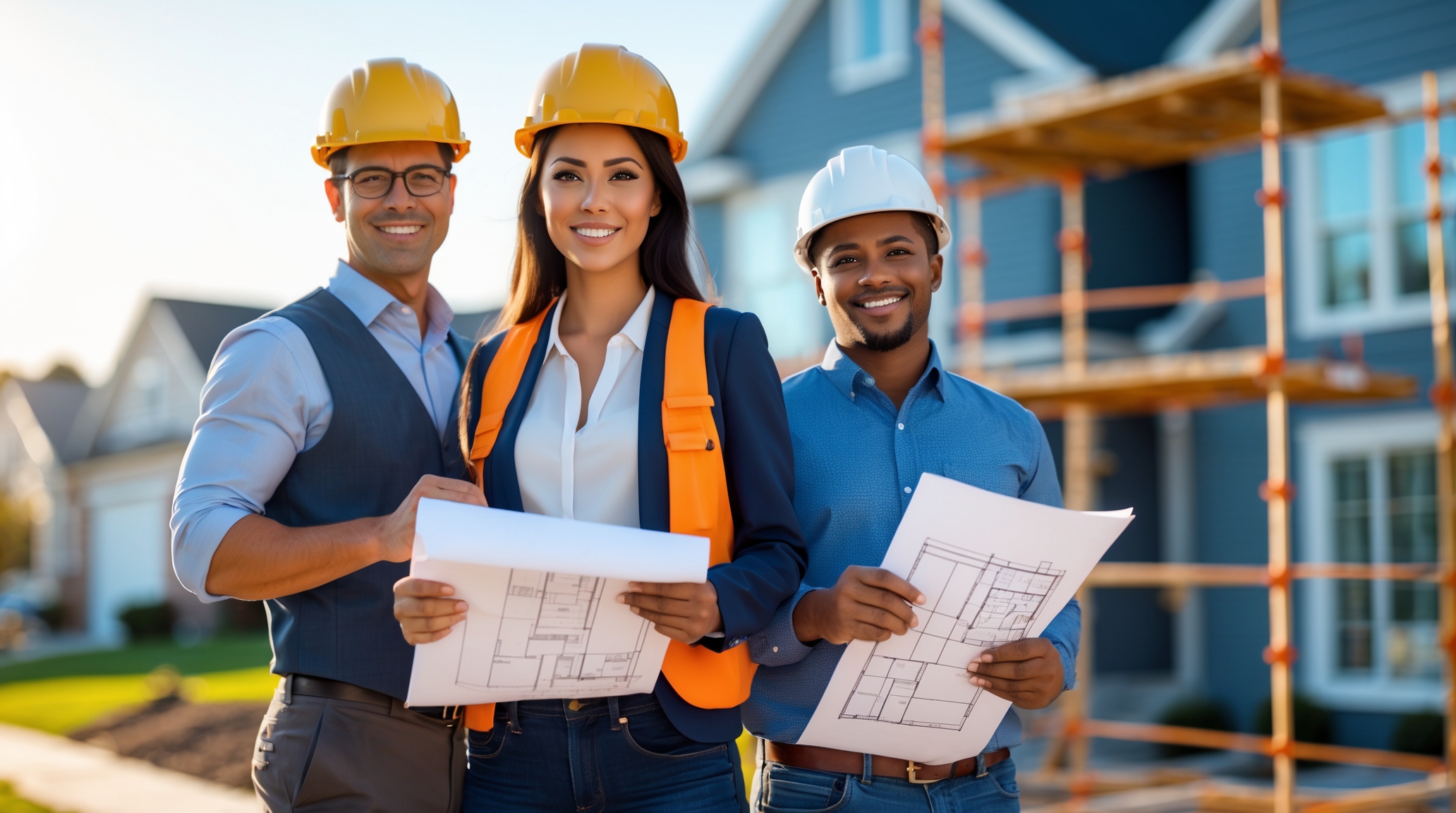 confident male and female contractor team (diverse ethnicities), holding blueprints and wearing hard hats, standing in front of a modern home under renovation in Massachusetts,