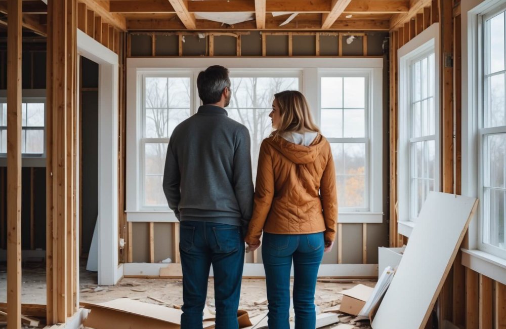 Frustrated couple looking at an unfinished or poorly renovated New England-style home with exposed materials, disorganized construction site, and visible damage — representing a dream home project gone wrong due to poor planning and unreliable contractors in Massachusetts.