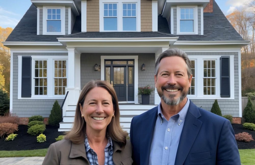 Smiling homeowners standing in front of a beautifully renovated colonial-style home in Massachusetts, featuring new siding, modern windows, and a landscaped front yard — a dream construction project brought to life through expert planning and strategy.